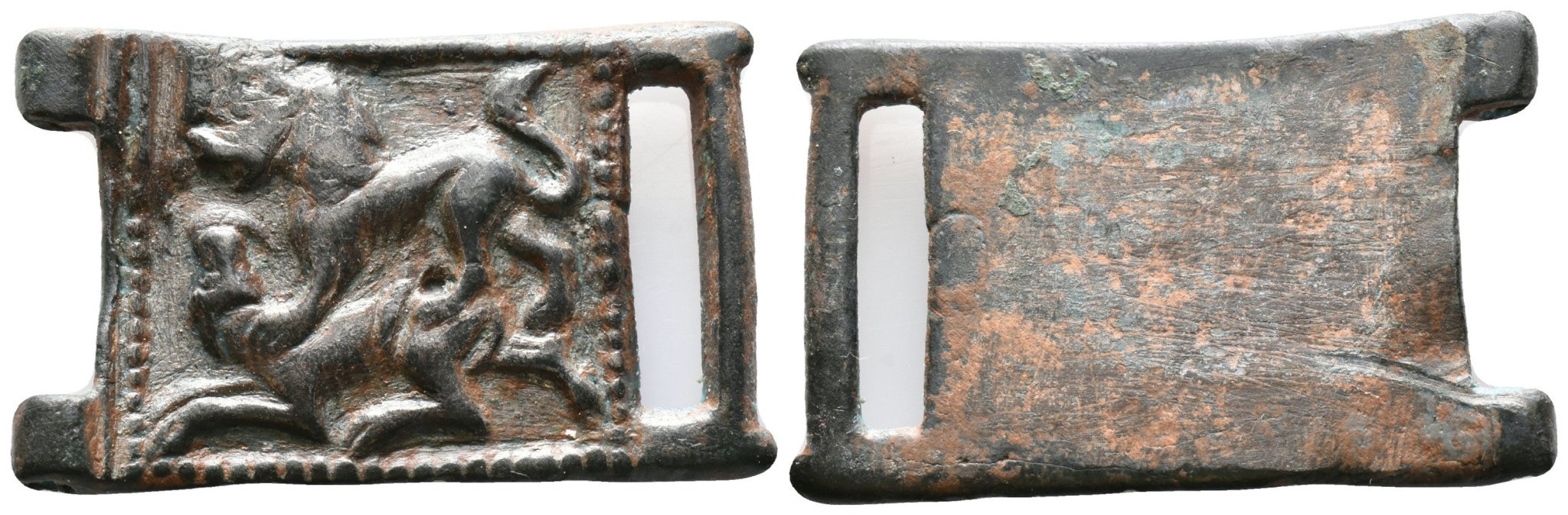 Bronze Medieval Belt Buckle 9-12th Century AD. Lion & Dog - Premium Ancient Coins -
