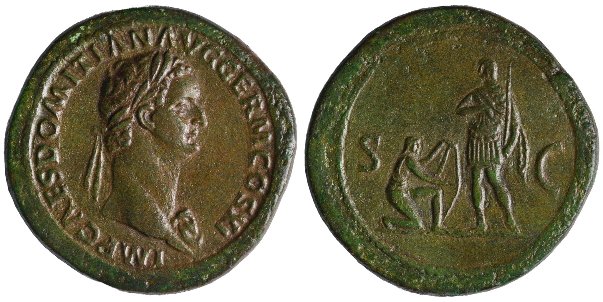 Domitian 85AD AE Sestertius. Rome. Germania kneeling RIC II 258 - Premium Ancient Coins - Sestertius